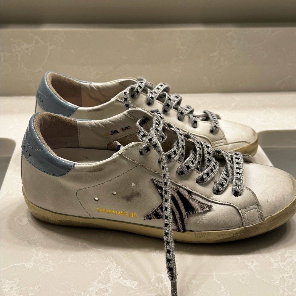 Golden Goose, Super Stars Size 38, White and Blue Star Sneakers
